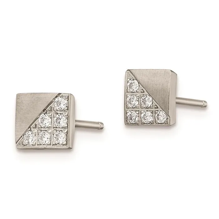 Earrings Stainless Steel Brushed CZ Square Post Earrings Chisel