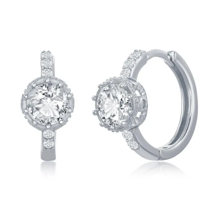 Earrings Sterling Silver Prong Crown Set CZ Huggie Hoop Earrings Classic