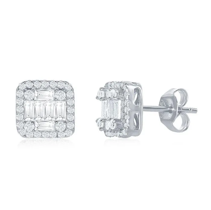 Earrings Sterling Silver Square Baguette CZ Stud Earrings Classic