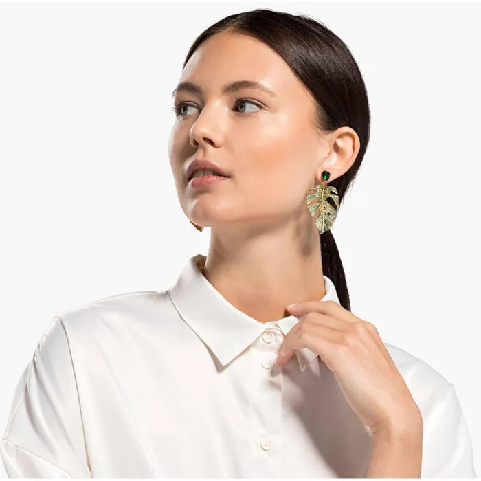 Earrings Swarovski Swarovski Womens Earrings Tropical Leaf Green Yellow Gold Plated 5525242