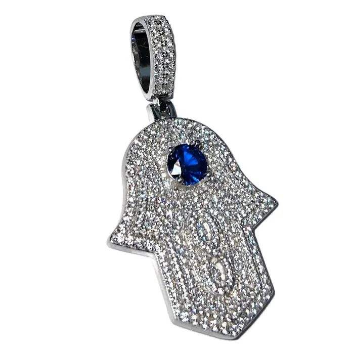 Harlem Bling Necklaces 925 Sterling Silver Hamsa Hand of Fatima Blue Evil Eye Iced CZ Pendant