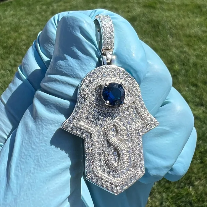 Harlem Bling Necklaces 925 Sterling Silver Hamsa Hand of Fatima Blue Evil Eye Iced CZ Pendant