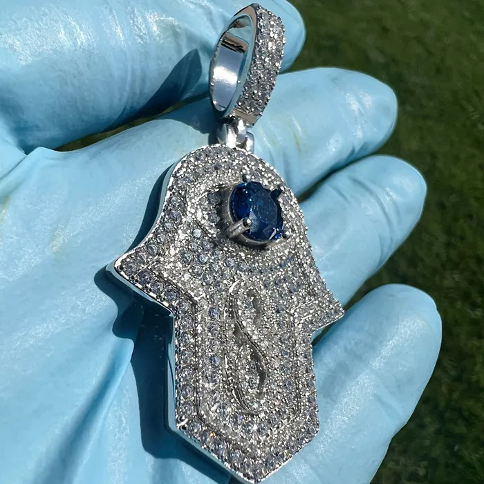 Harlem Bling Necklaces 925 Sterling Silver Hamsa Hand of Fatima Blue Evil Eye Iced CZ Pendant