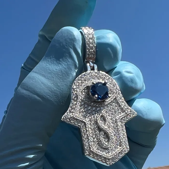 Harlem Bling Necklaces 925 Sterling Silver Hamsa Hand of Fatima Blue Evil Eye Iced CZ Pendant