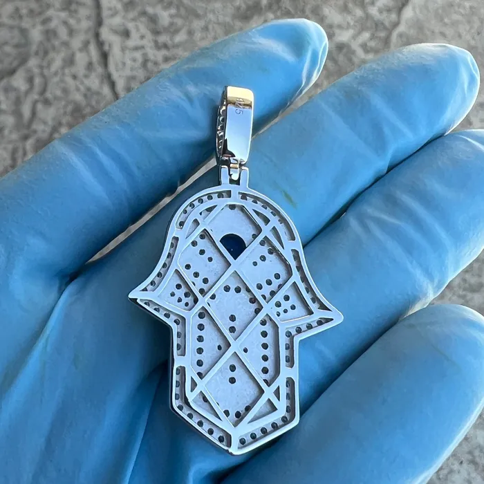 Harlem Bling Necklaces 925 Sterling Silver Hamsa Hand of Fatima Blue Evil Eye Iced CZ Pendant