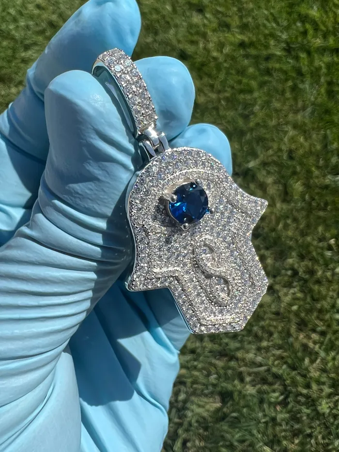 Harlem Bling Necklaces 925 Sterling Silver Hamsa Hand of Fatima Blue Evil Eye Iced CZ Pendant