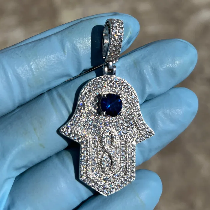 Harlem Bling Necklaces 925 Sterling Silver Hamsa Hand of Fatima Blue Evil Eye Iced CZ Pendant
