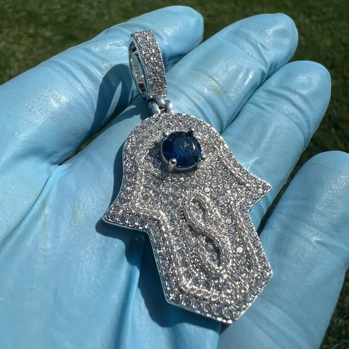 Harlem Bling Necklaces 925 Sterling Silver Hamsa Hand of Fatima Blue Evil Eye Iced CZ Pendant