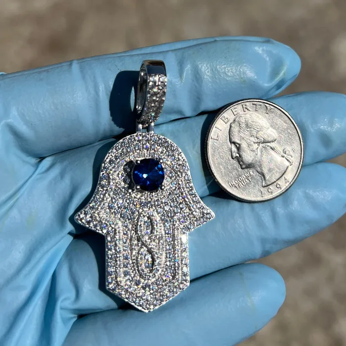 Harlem Bling Necklaces 925 Sterling Silver Hamsa Hand of Fatima Blue Evil Eye Iced CZ Pendant