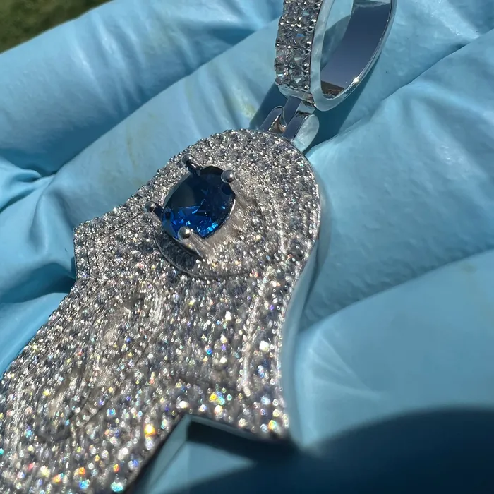 Harlem Bling Necklaces 925 Sterling Silver Hamsa Hand of Fatima Blue Evil Eye Iced CZ Pendant