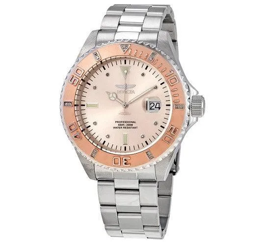 Invicta Bracelets Invicta Mens Diamond Watch Pro Diver Date Rose Gold Dial Silver Bracelet 17309