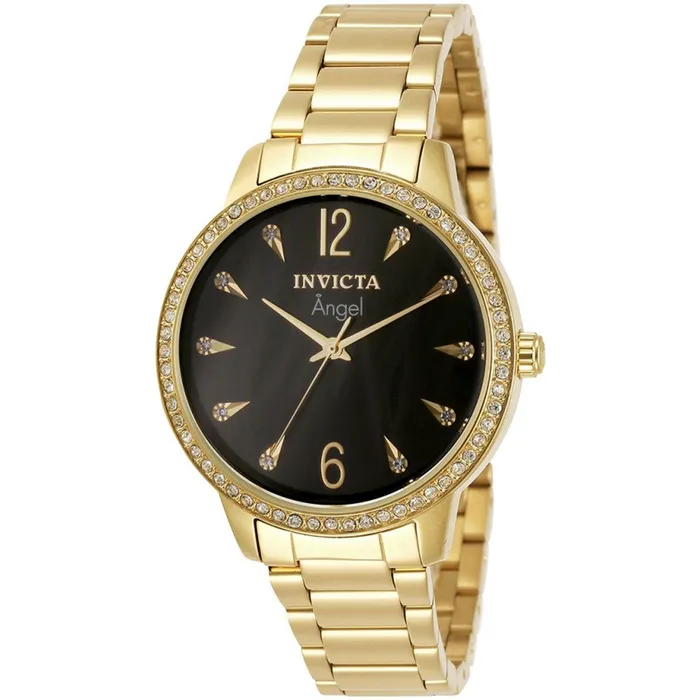 Invicta Bracelets Invicta Womens Watch Angel Quartz Black Dial YG Stainless Steel Bracelet 31368