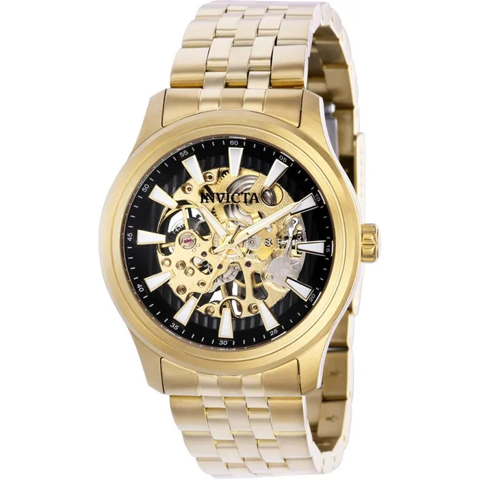 Invicta Mens Watch Vintage Black and Gold Semi Skeleton Dial SS Bracelet 37967 Invicta Bracelets
