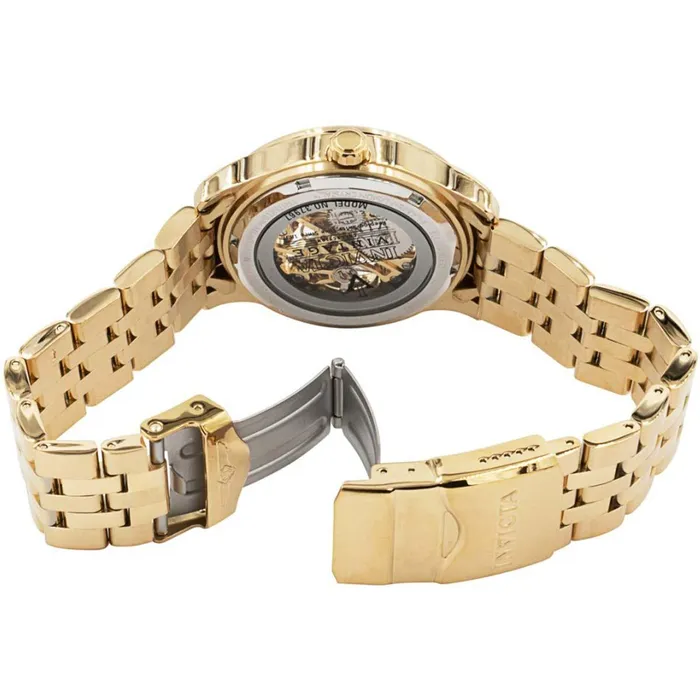 Invicta Mens Watch Vintage Black and Gold Semi Skeleton Dial SS Bracelet 37967 Invicta Bracelets