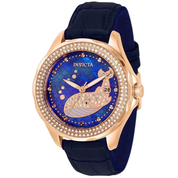 Invicta Womens Quartz Watch Wildflower Whale Rose Gold Case Blue Strap 32671 Invicta Watches