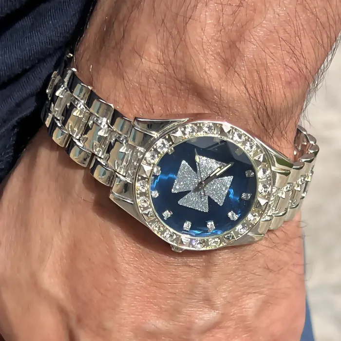 Knights Templar Iron Celtic Maltese Cross Blue Watch Silver Tone 8 Bling Cartel Rings