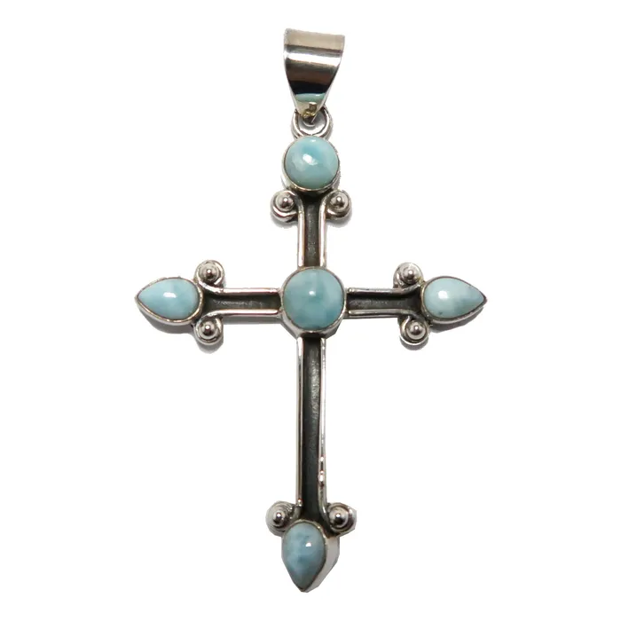 Larimar Pendant Cross of Heaven Blue Sterling Silver Satin Crystals Necklaces