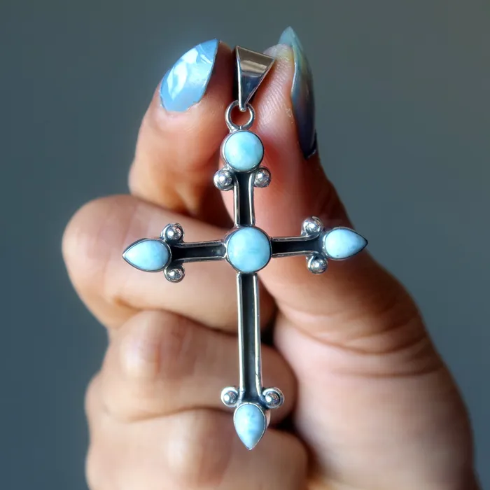 Larimar Pendant Cross of Heaven Blue Sterling Silver Satin Crystals Necklaces