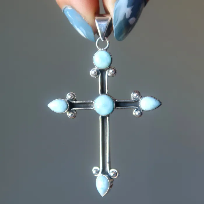 Larimar Pendant Cross of Heaven Blue Sterling Silver Satin Crystals Necklaces