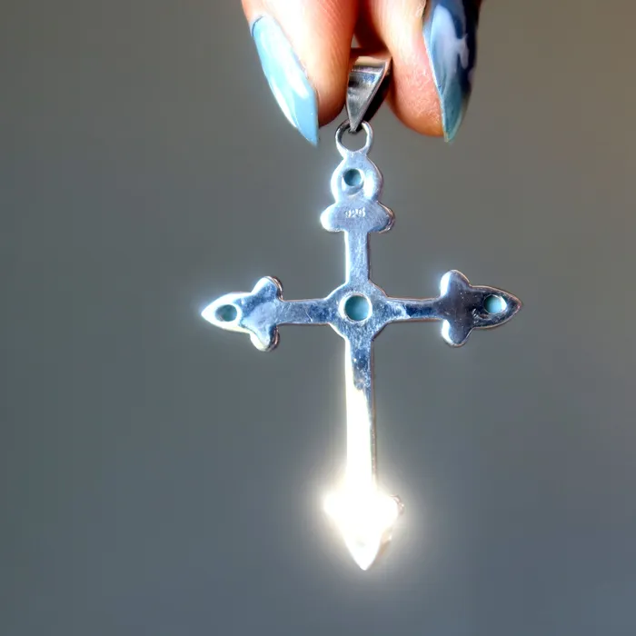 Larimar Pendant Cross of Heaven Blue Sterling Silver Satin Crystals Necklaces