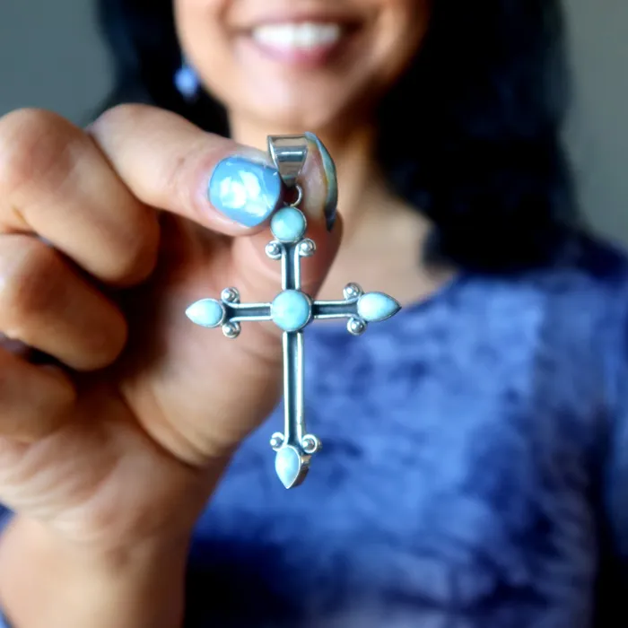 Larimar Pendant Cross of Heaven Blue Sterling Silver Satin Crystals Necklaces