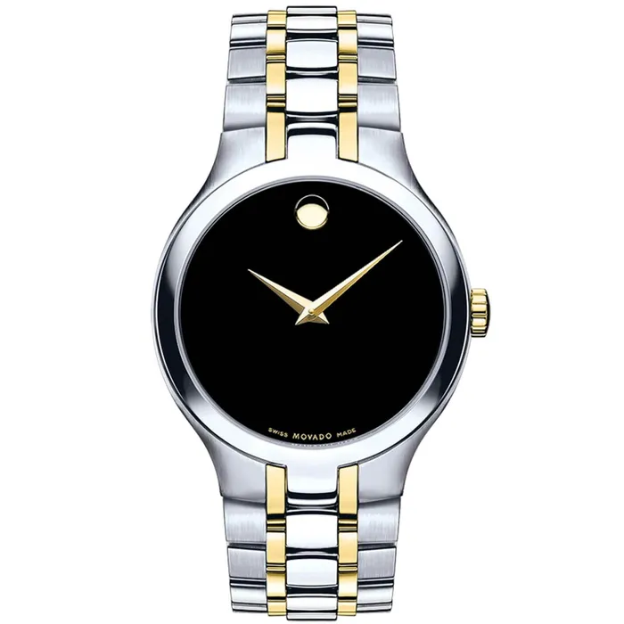 Movado Mens Quartz Watch Black Dial Silver Tone Case Two Tone Bracelet 0606958 Movado Bracelets