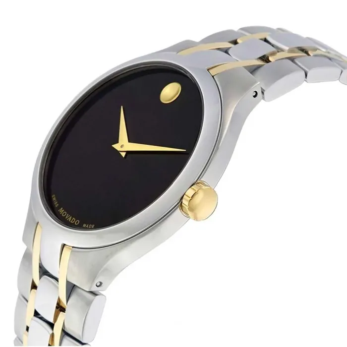 Movado Mens Quartz Watch Black Dial Silver Tone Case Two Tone Bracelet 0606958 Movado Bracelets
