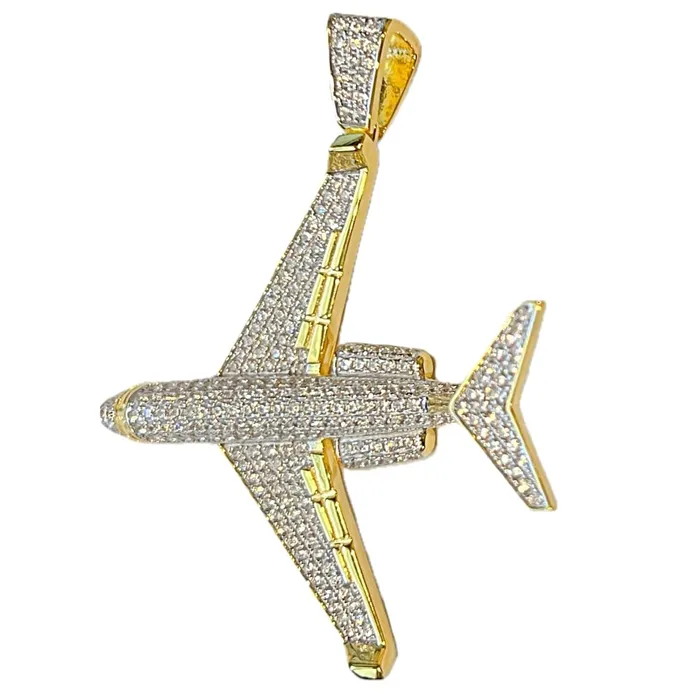 Necklaces Bling Cartel 14k Gold Plated 925 Sterling Silver Jet Airplane Pendant CZ Iced Plane