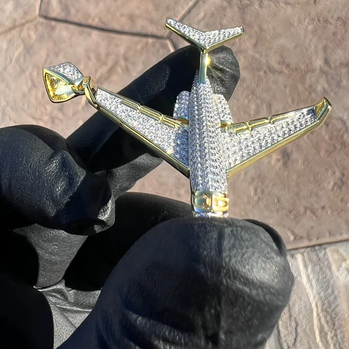 Necklaces Bling Cartel 14k Gold Plated 925 Sterling Silver Jet Airplane Pendant CZ Iced Plane