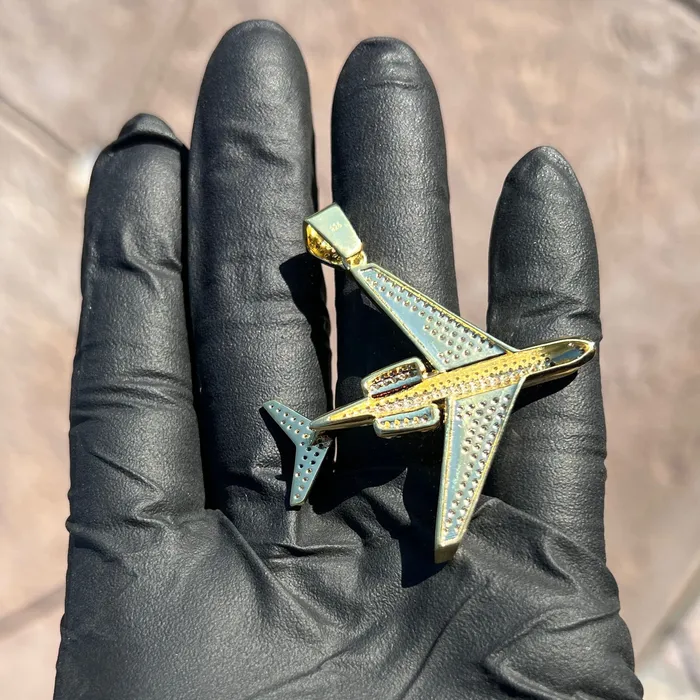Necklaces Bling Cartel 14k Gold Plated 925 Sterling Silver Jet Airplane Pendant CZ Iced Plane