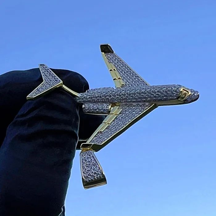 Necklaces Bling Cartel 14k Gold Plated 925 Sterling Silver Jet Airplane Pendant CZ Iced Plane