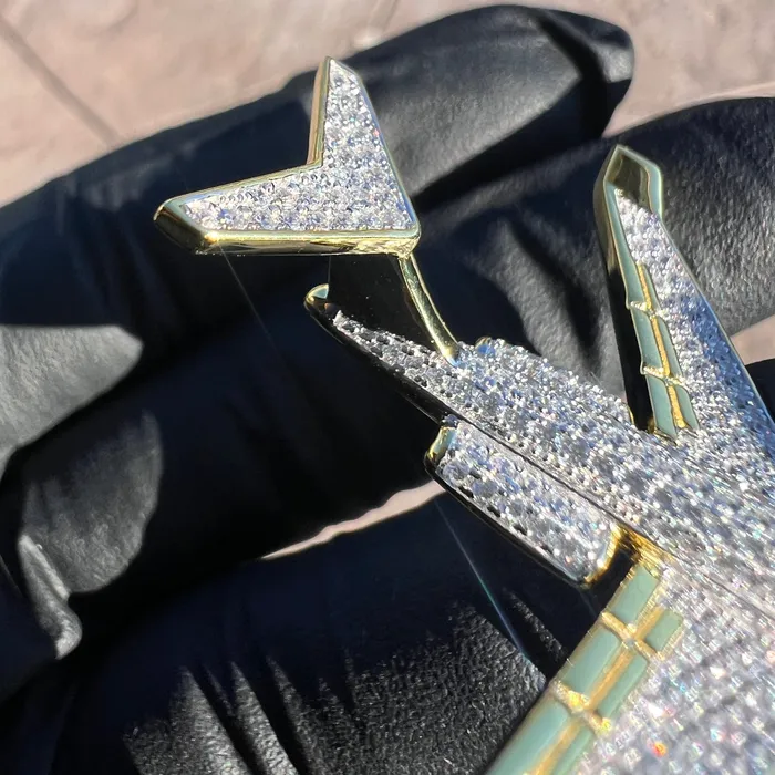 Necklaces Bling Cartel 14k Gold Plated 925 Sterling Silver Jet Airplane Pendant CZ Iced Plane