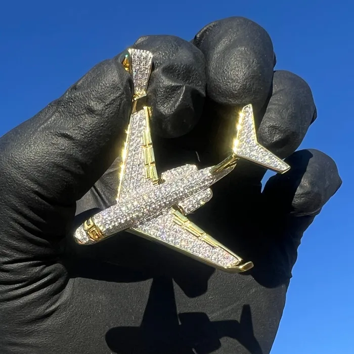 Necklaces Bling Cartel 14k Gold Plated 925 Sterling Silver Jet Airplane Pendant CZ Iced Plane