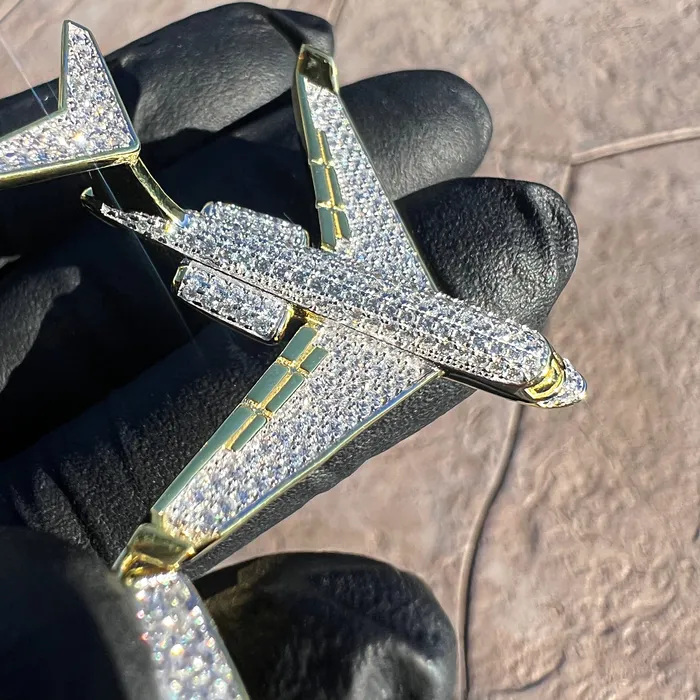 Necklaces Bling Cartel 14k Gold Plated 925 Sterling Silver Jet Airplane Pendant CZ Iced Plane