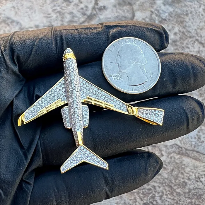 Necklaces Bling Cartel 14k Gold Plated 925 Sterling Silver Jet Airplane Pendant CZ Iced Plane