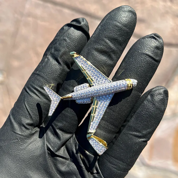 Necklaces Bling Cartel 14k Gold Plated 925 Sterling Silver Jet Airplane Pendant CZ Iced Plane