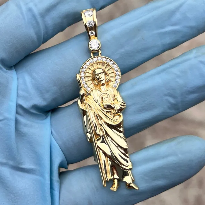 Necklaces Bling Cartel 14K Gold Plated over 925 Sterling Silver San Judas St Saint Jude Iced CZ Pendant