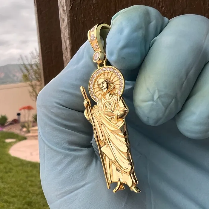 Necklaces Bling Cartel 14K Gold Plated over 925 Sterling Silver San Judas St Saint Jude Iced CZ Pendant
