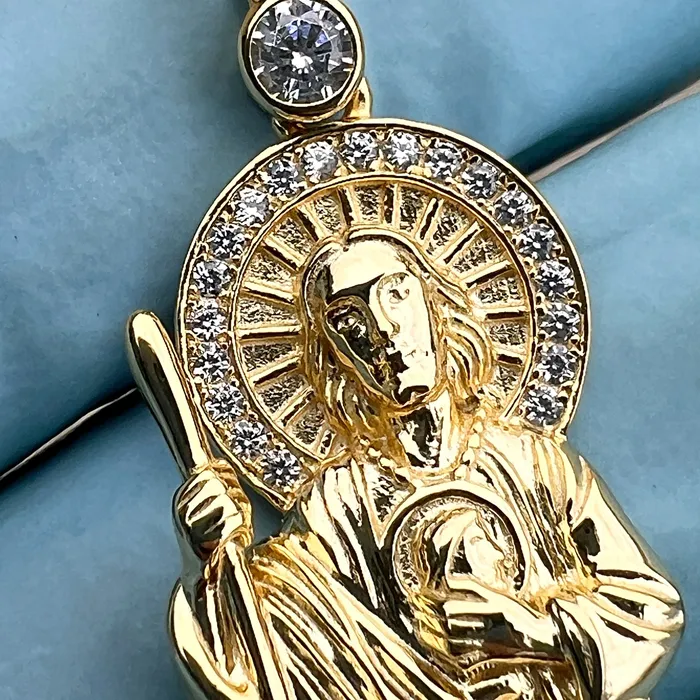 Necklaces Bling Cartel 14K Gold Plated over 925 Sterling Silver San Judas St Saint Jude Iced CZ Pendant
