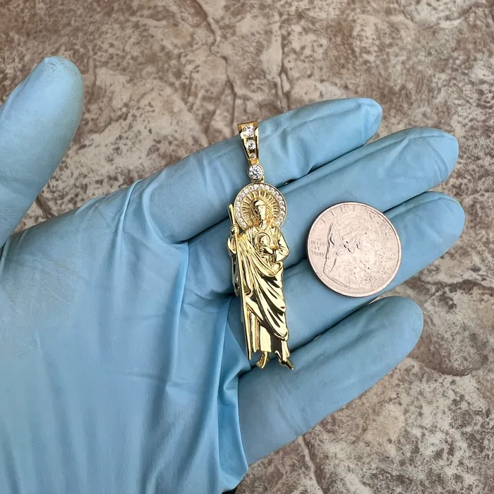 Necklaces Bling Cartel 14K Gold Plated over 925 Sterling Silver San Judas St Saint Jude Iced CZ Pendant