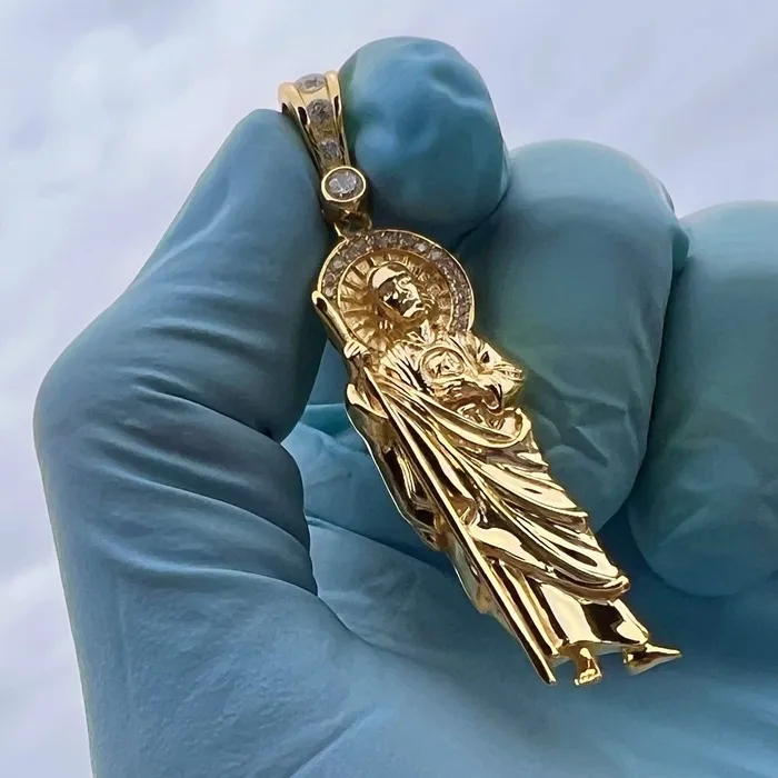 Necklaces Bling Cartel 14K Gold Plated over 925 Sterling Silver San Judas St Saint Jude Iced CZ Pendant