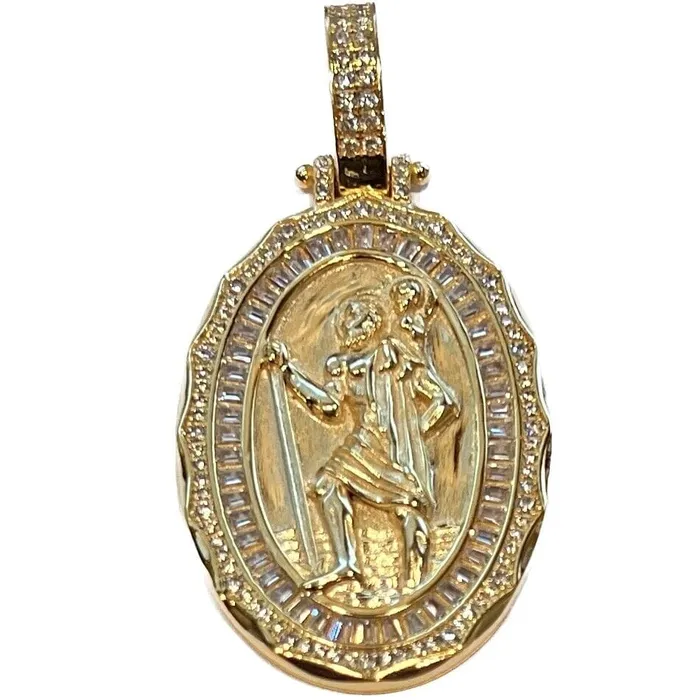 Necklaces Bling Cartel 14k Gold Plated over 925 Sterling Silver St Saint Christopher San Cristobal Medal CZ Medallion Pendant