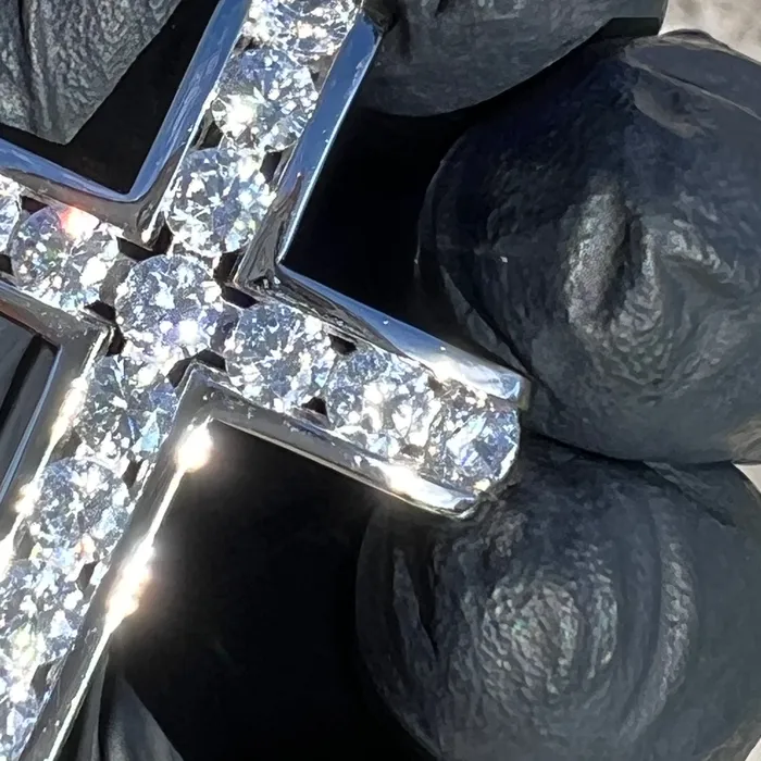Necklaces Bling Cartel 925 Sterling Silver Iced Channel Set Flooded Out CZ Tennis Cross Pendant