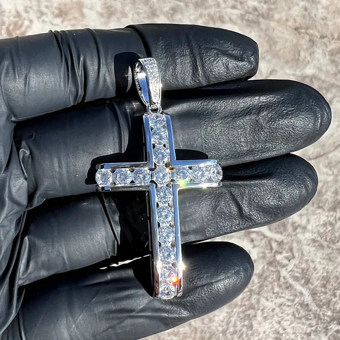 Necklaces Bling Cartel 925 Sterling Silver Iced Channel Set Flooded Out CZ Tennis Cross Pendant