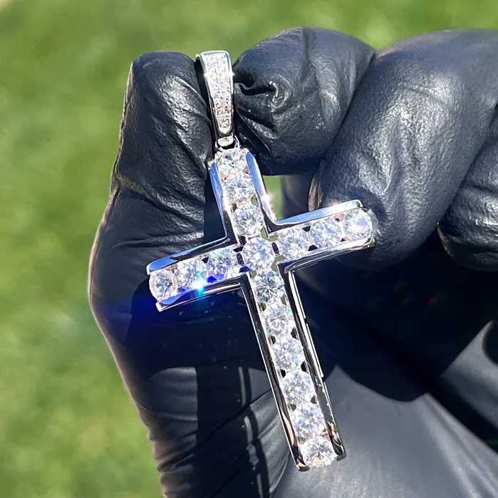 Necklaces Bling Cartel 925 Sterling Silver Iced Channel Set Flooded Out CZ Tennis Cross Pendant