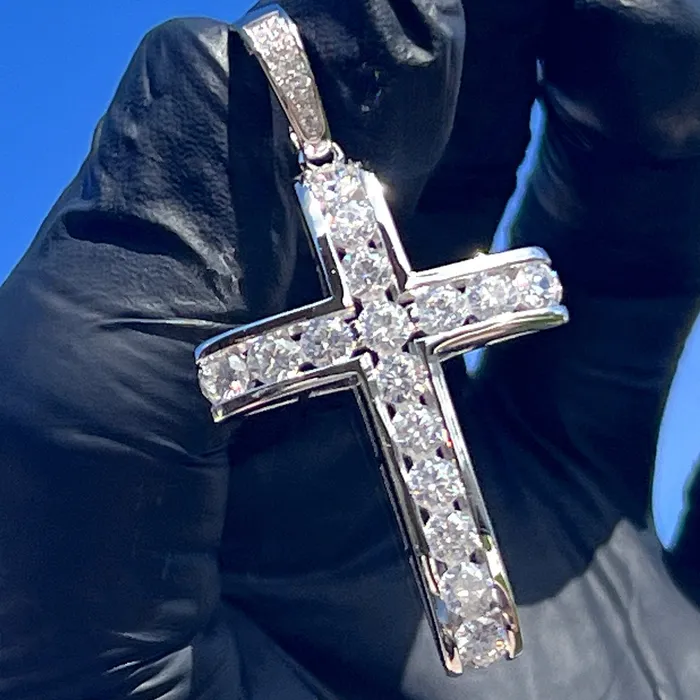 Necklaces Bling Cartel 925 Sterling Silver Iced Channel Set Flooded Out CZ Tennis Cross Pendant