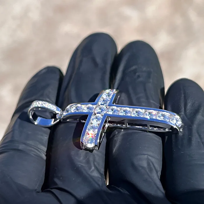 Necklaces Bling Cartel 925 Sterling Silver Iced Channel Set Flooded Out CZ Tennis Cross Pendant