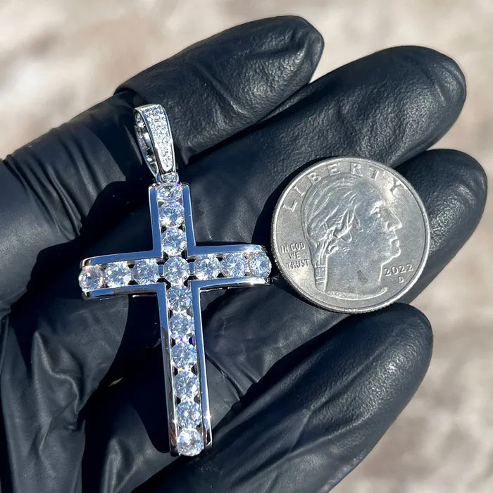 Necklaces Bling Cartel 925 Sterling Silver Iced Channel Set Flooded Out CZ Tennis Cross Pendant