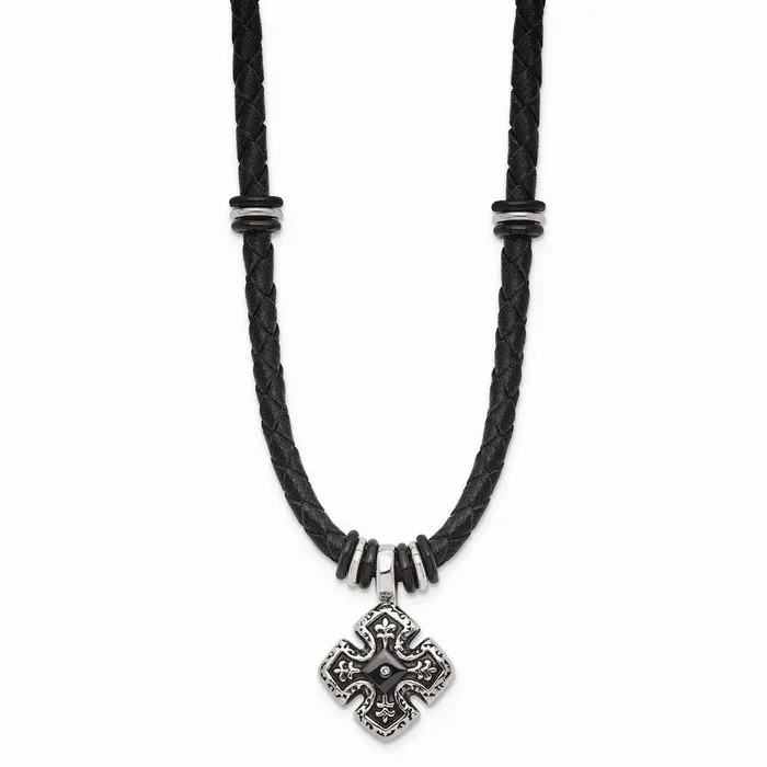 Necklaces Chisel Stainless Steel Polished Black IP Braided Blk Leather CZ Necklace