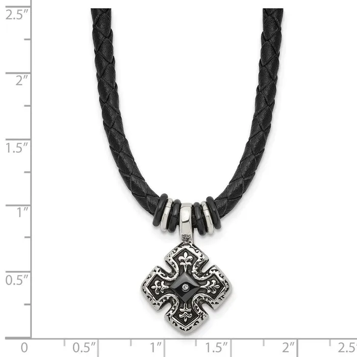 Necklaces Chisel Stainless Steel Polished Black IP Braided Blk Leather CZ Necklace